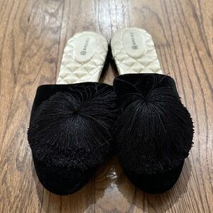 Birdies Black Velvet Pom Fringe Slide - Women